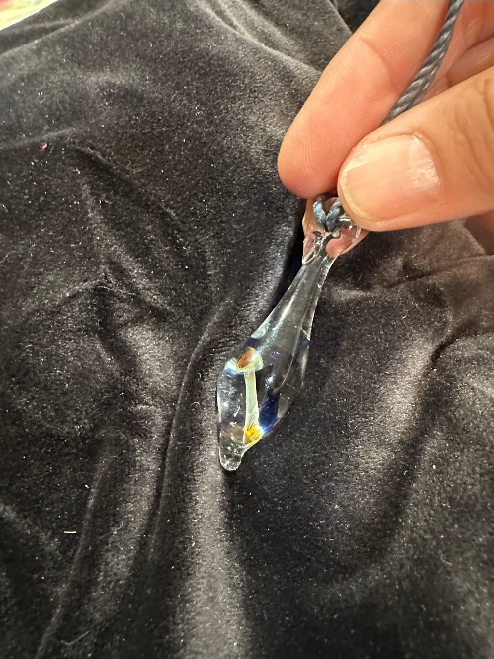 Handblown Glass Teardrop Pendant Necklace in Clear with Blue and Yellow Accents